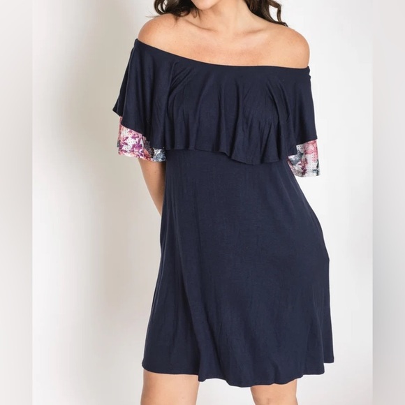 Eloges • Navy & Floral Lace Ruffle Off Shoulder Dress - Picture 2 of 16
